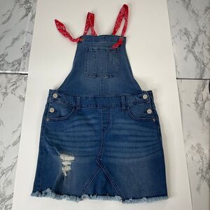Justice Blue Denim Jean Jumper Dress‎ Red Bandana Print Straps Size 14